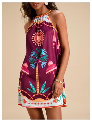 Image of SweatyRocks Women's Tropical Print Halter Dresses Sleeveless Holiday Summer Mini Dress