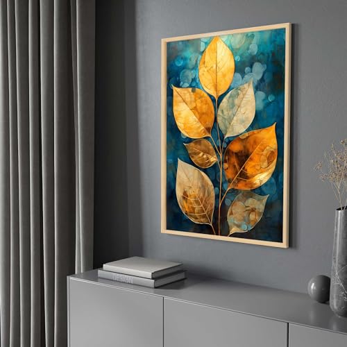 Quadro com Moldura Abstrato Planta Folhas Dourada Azul Verde Decorativo Grande Sala Quarto Hall