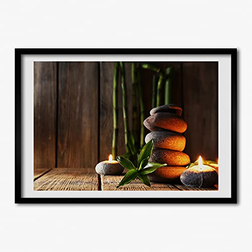 Cadre photo 70x50 cm en bois Tulup - Tableau moderne pierres zen et bambou