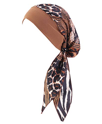 Ladies Elegant Chemo Cap Elastic Silky Head Scarf for Cancer Headwrap Women Sleeping Beanie Bonnet Headwear Head Cover Turbans for Long Hair Hair Loss, Coffee Leopard