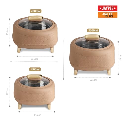 Image of JAYPEE Kingston Klass Stitched Leather Luxurious Outer & Inner Stainless Steel Casserole Set of 3 with Glass Lid (1500+2000+2500) ml PUF Insulated Serving casserole Set Roti Box Hot Box BPA Free,Brown