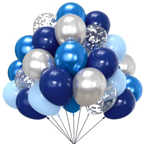 Image of YMSZ Blue and Silver Balloons, 67pcs 12 Inch Navy Blue Balloon Metallic Silver Confetti Balloons for Birthday, Graduation, Baby Shower Party Decorations