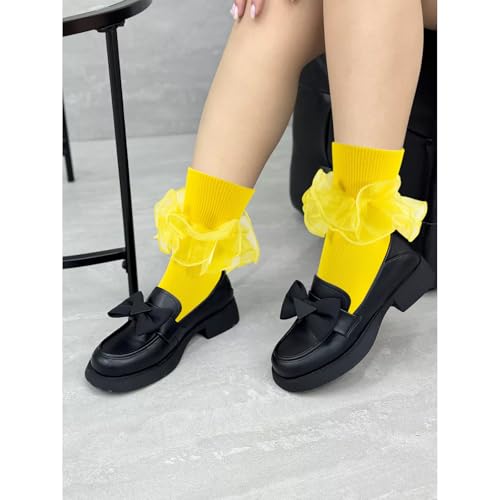 Image of Women Big Ruffle Ankle Socks Adult Double Lace Frilly Socks Fold Cuff Cotton Ruffled Dress Crew Bobby Bride Sock