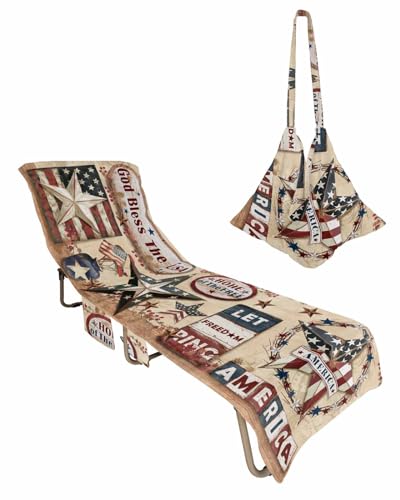 Farmhouse 4th of July Beach Lounge Chair Towel Cover, Soft Chaise Lounge Towel with Side Pockets Patio Pool Chairs Cover for Beach/Pool Sunbathing 29x85 American Country Star Rustic