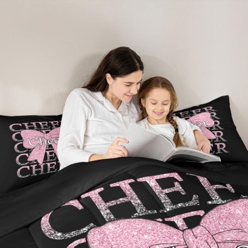 Image of Feelyou Cheer Bow Bedding Set Soft for Boys Girls, Cheerleader Comforter Set Full Size Funny Sport Duvet Quilt Microfiber Light Pink Bedroom Decor 3 Pcs with 2 Pillow Cases