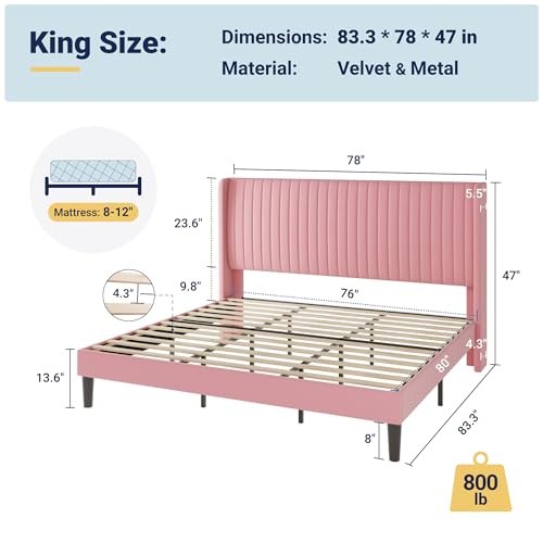 Image of Allewie King Size Velvet Bed Frame /Vertical Channel Tufted Wingback Headboard /Upholstered Platform Bed /Strong Wooden Slats /No Box Spring Needed /Easy Assembly /Pink