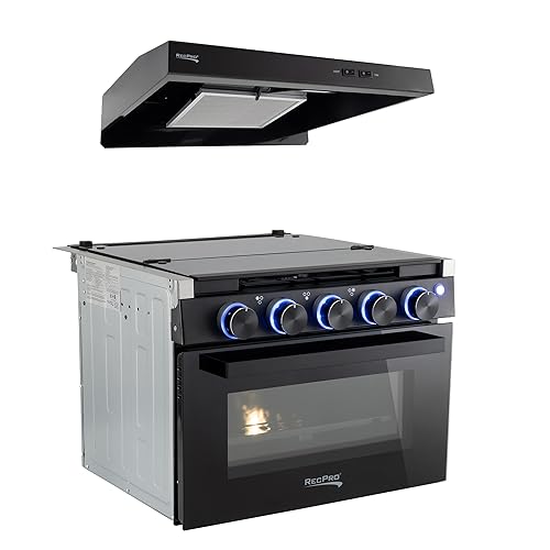 RecPro RV Stove Stainless Steel Finish | Gas Range 17" Tall | 6500 and 8000 BTU Three Burner | 7100 BTU Oven with 1.24 Cu. Ft. Capacity | Optional Range Hood