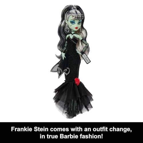 Image of Monster High x Barbie Frankie Stein Doll with Original Barbie-Inspired Swimsuit and Solo in the Spotlight Black Evening Dress, Accessories