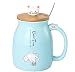 Webao Tasses de Chat en Céramique Tasse à Café Thé Lait Boisson du Matin avec en Cuillère en acier inoxydable et Lovely Kitty Couvercle pour Anniversaires Idéal Cadeau, 420ml Bleu