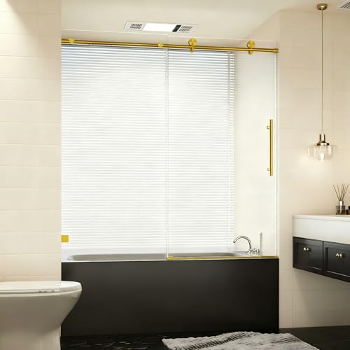Image of 56-60 inch W x 60 inch H Bathroom Frameless Tub Sliding Shower Door, Soft-Close Bathtub Single Sliding Shower Doors with 5 /16 inch (8mm) Clear SGCC Tempered Glass, Reversible Installation, Brushed Gold