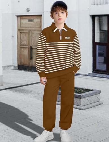 KANGKANG Boys Clothes Quarter Zip Collar Striped Sweatshirt Top and Solid Sweatpants 2 Pcs Winter Kids Fall Outfits Set 4-12Y3