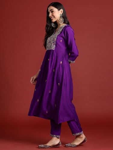 Image of INDO ERA Women's Viscose Embroidered A-Line Kurta and Pant with Dupatta Set (SHUTR6107)