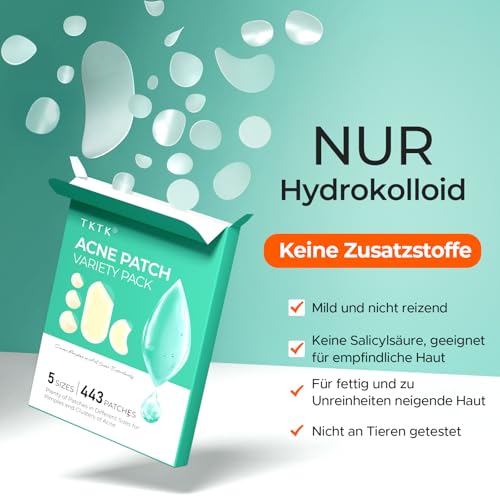 TKTK 443 Pickel Patches Gesicht, Hydrokolloid Akne Pflaster Vorratspack, Anti-Pickel Sticker für Wangen Stirn Kinn, 5 Größen (Punkte, Streifen, konturiert), für alle Hauttypen