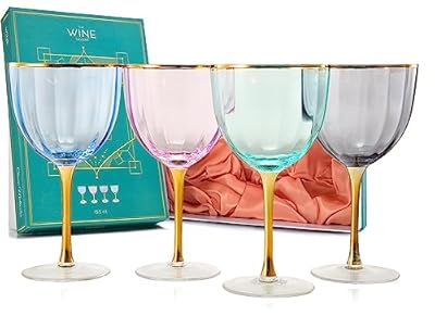 Art Deco Colored Crystal Wine Glass Set of 4, Large 12oz Stemmed Glasses Vibrant Vintage Glasses for White & Red, Water, Margarita Glasses, Gift Idea, Color Glassware - Gilded Rim and Gold Stem