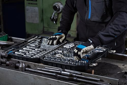 Högert Technik Zestaw narzędzi 222-częściowy, klucz nasadowy i zestaw bitów 1/4" & 3/8" i 1/2", stal CRV, klucz pierścieniowy widełkowy, DIN 3124, w walizce stalowej