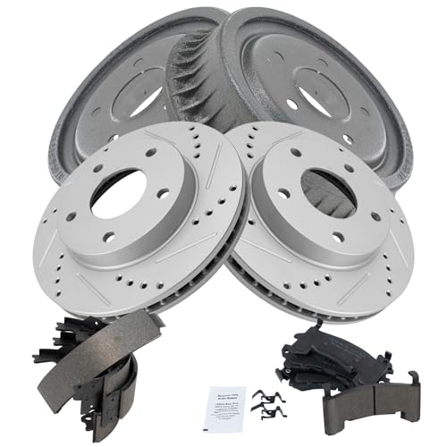 TRQ Front & Rear Brake Pad & Rotor,Shoe & Drum Kit Premium G-Coated Ceramic Performance Compatible with 95-96 Blazer 92-96 Bravada 92-97 Jimmy S10 92-94 S10 Blazer Sonoma 92-93 Typhoon