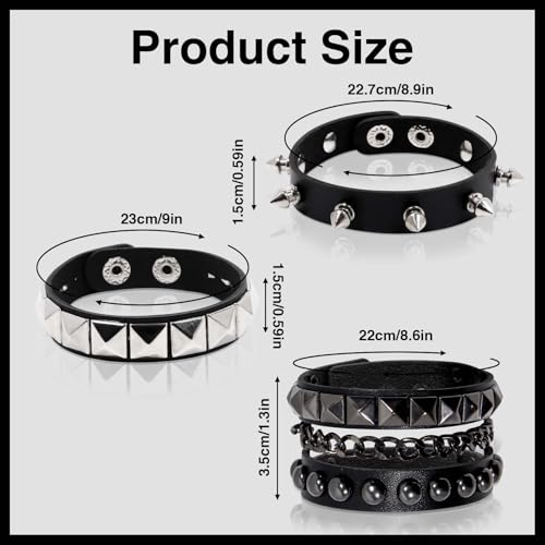 3 Pcs Punk Rock Leather Studded Bracelets for Men Women 80s Gothic Spiked Bracelet Vintage Punk Bracelets Set Emo Accessories for Rocker3