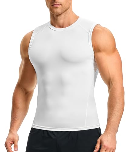 Nebility Compression Shirt Men Workout Tank Tops Sleeveless Compression Vest for Men Muscle Athletic Tank Top White, X-Large