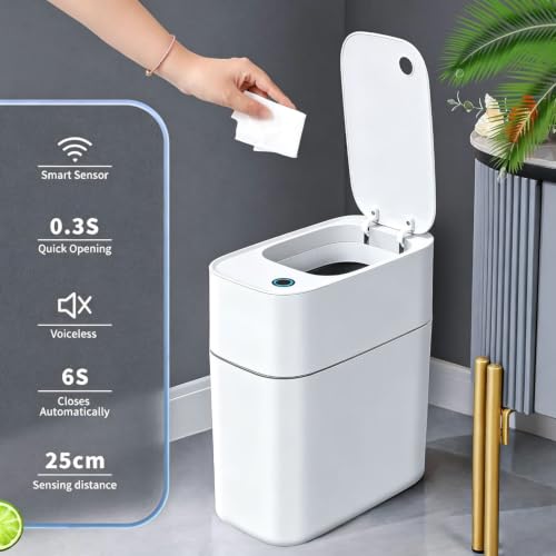 Image of MOPUP Trash Can with Lid Automatic Garbage Can, 3.5 Gallon Slim Small White Plastic Smart Trash Bin, Narrow Motion Sensor for Bedroom, Bathroom, Toilet Office