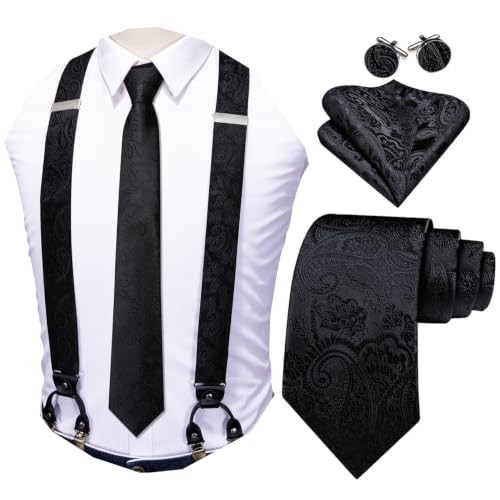 Image of Barry.Wang Men Suspender Set with Necktie Elastic Y Type Heavy Duty 6 Clips Braces Tie Handkerchief Cufflink Pin 6PCS