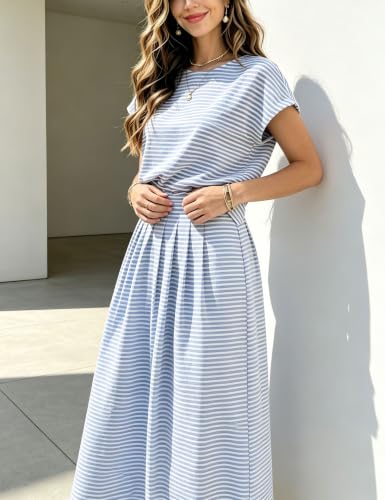 Image of Zontroldy Women's Summer 2 Piece Outfits Striped Skirt Sets Cap Sleeve Crop Top Midi Dress Matching Travel Outfits