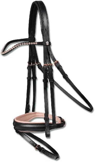 English Bridle Headstall Reins Cowhide Genuine Leather Horse Crossover Crossunder Raised Fancy Stitched Laced All Purpose Jumping Dressage Rubber Crystal Padded Adjustable Browband Full-Cob,M53