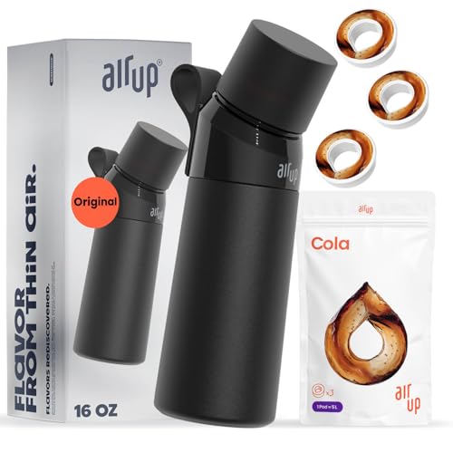 AIR UP Black Steel 16oz Flavored Water Bottle with Straw - Sugar Free Cola Pods - Drink Healthy Water - Keeps Drinks Cold for 14 Hours - School, Office, Gym, Travel