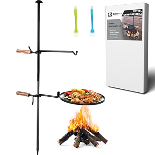 ZeroPone Adjustable Swivel Campfire Grill,2 in1 Black Fire Pit Grill with 2 Brushes,Heavy-Duty Charcoal BBQ Grill Over Fire Camping Grill,For Outdoor Barbecue Cooking