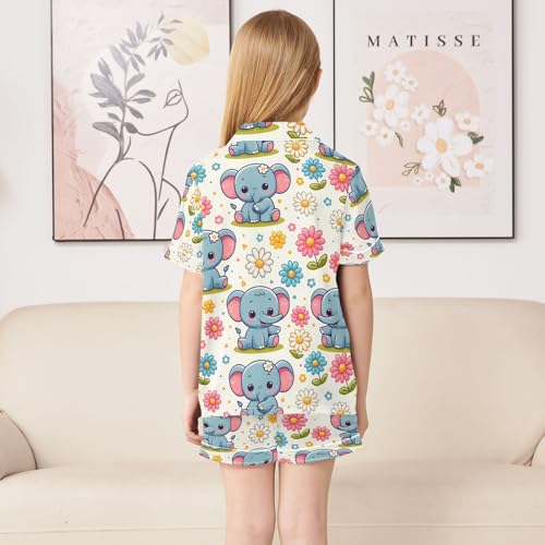 ALAZA Cute Cartoon Elephant Daisy Flower Pajamas Satin Pajama Set Short Sleeve Button Down Sleepwear4