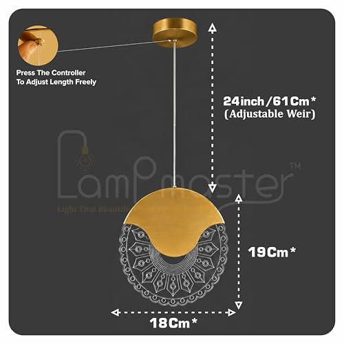Image of Lampmaster Oval Lumiround Pendant Light with Warm Glow | Decorative Ceiling Lamp | Gold Finish | Adjustable Height | Perfect for Bedroom, Living Room & Dining Area, Home & Office | 1 Year Warranty