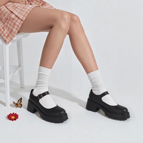 Image of AOSPHIRAYLIAN Mary Janes Platform Mary Janes for Women Round Toe Dress Shoes for Women Ankle Strap Chunky Heel Uniform Women's Pumps