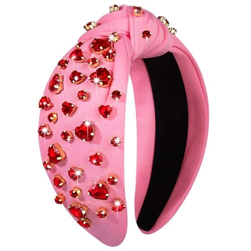 CEALXHENY Valentine’s Day Headband for Women Rhinestone Heart Headbands Red Crystal Heart Knotted Headband Valentine’s Day Hair Accessories Party Favors Gifts (Crsytal Heart A)