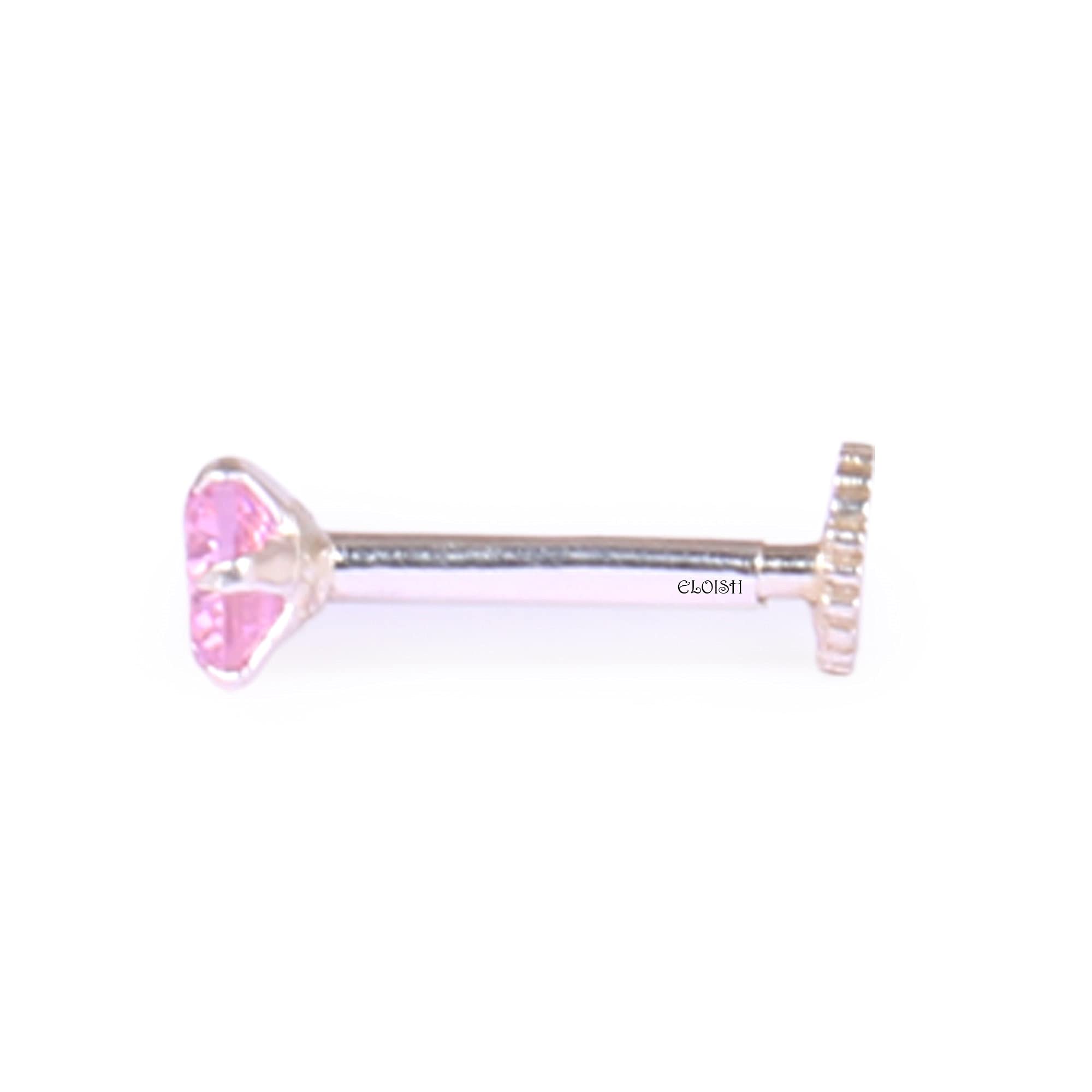 ELOISH 92.5 Sterling Silver Nose Pin for Women. 92.5% Pure Silver Pink CZ Nose Pin for Girls (PINKCZSILVERNOSEPIN) 2