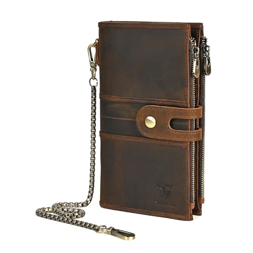 Image of Genuine Crazy Horse Leather Travel Gift Coin Pocket Card Case Long Organizer Chain Rfid Wallet Purse With Snap For Men Male 1803 1815 (1815 Brown)