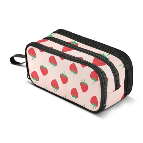 Image of Pencil Case Big Capacity Strawberry Fruit Handheld 3 Compartments Pencil Pouch Portable Large Storage Canvas Pencil Bag for Boys Girls Adults Students