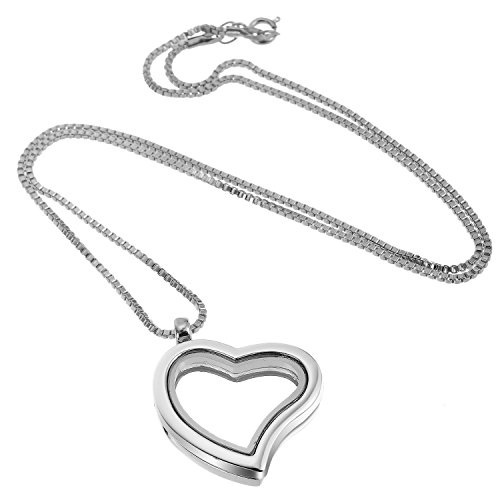 RUBYCA Living Memory Floating Charm Heart Glass Locket Pendant Necklace 20 Inches 1pcs Silver Color