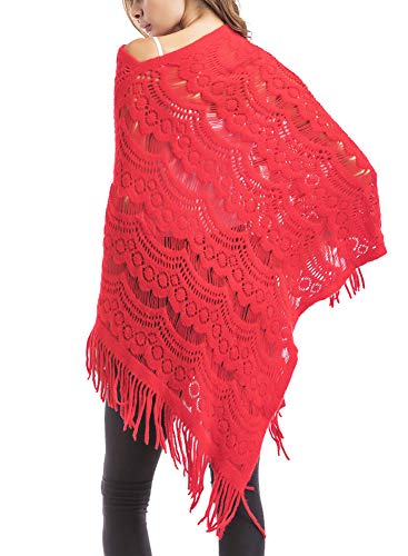 QZUnique Women's Knitted Tassel Shawl Asymmetric Hem Poncho Fringed Pullover Sweater Solid Color Cowl Neck Top Coat Wrap Cape - Thumbnail 7