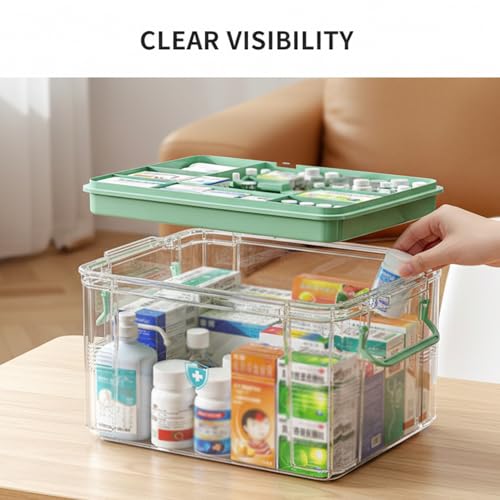 Boîte à médicaments premiers secours verte avec double compartiment et couvercle transparent - 4