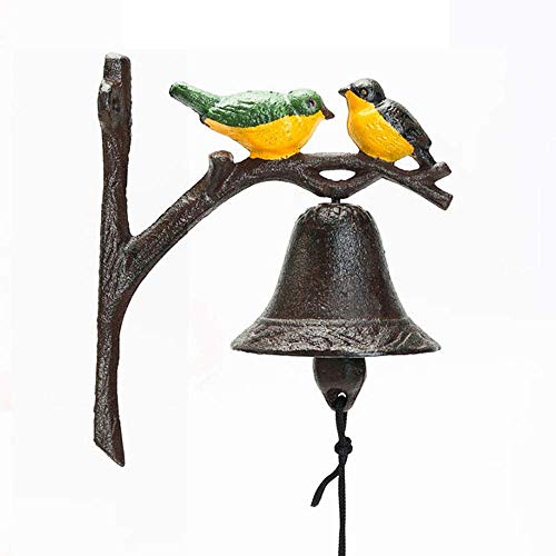 Sungmor Heavy Duty Cast Iron Wall Bell - Decorative Hand-painted Lovely Birds Hand Bell - Manually Shaking Wall Hanging Doorbell - Indoor Outdoor Wall Mounted Dinner Bell - Garden Home Wall Decoration