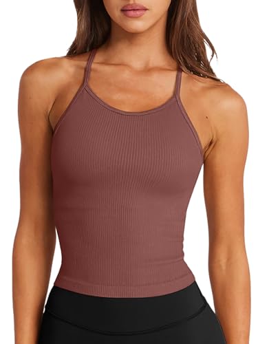 Image of LASLULU Womens Sports Bra Seamless Long Tank Spaghetti Strap Workout Bra