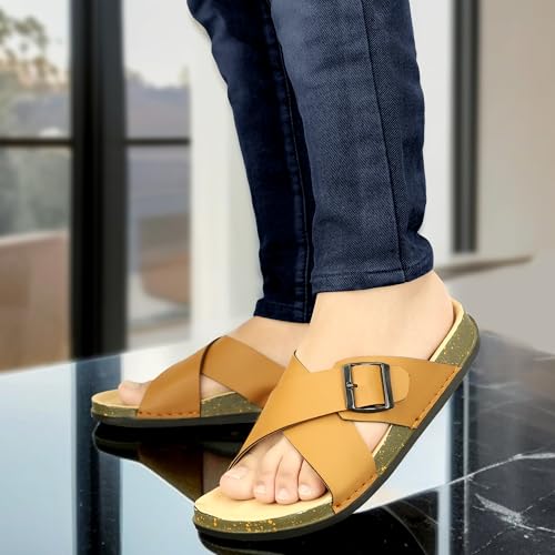 Image of Men Cross Strap Buckle Slippers | Casual Sandals for Men | Comfortable Footwear | Stylish Slip-On Sandals | Anti-Slip Rubber Sole