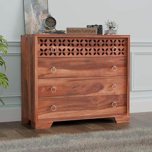 Image of Sheesham Wood Dressers Chests of 4 Drawers | Kitchen Crockery Cabinet Unit | Sideboard Storage Cabinets | Bedroom Furniture | Wooden Chests of Drawers (Honey Finish)