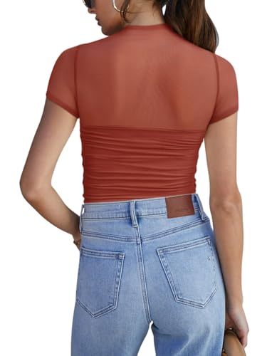 Image of REORIA Women's Sexy Mock Turtle Neck Short Sleeve Shirts Sheer Mesh Ruched Trendy Going Out Bodysuits Tops