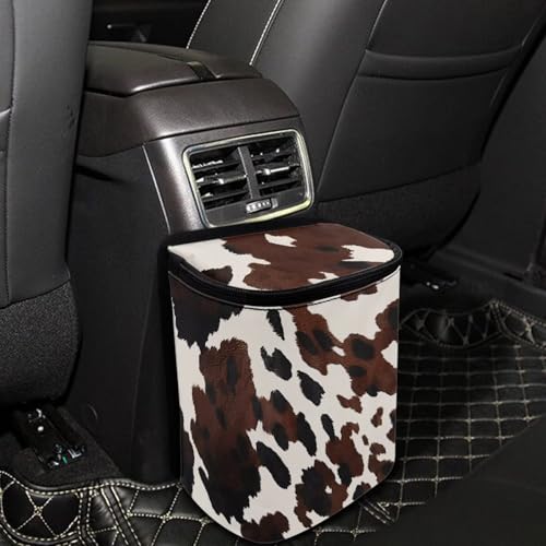 Image of KEIAHUAN Brown Cow Car Trash Can with Zipper-Closed Lid for Back Seat Collapsible Portable Auto Garbage Bag Large Capacity Trashcan Storage Bag for Cars, Sedans, SUVs & Trucks