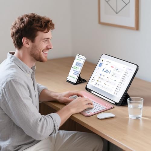 Vobafe Bluetooth Tastatur mit Telefonhalter für iOS/Android/Windows, Kabellose Tablet Tastatur für iPad/iPhone/Samsung/Laptop, Ultradünn Deutsche QWERTZ iPad Keyboard, 7 Farben Beleuchtete, Hellrosa