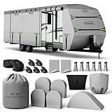 DTNESS Travel Trailers RV Cover 30-33FT, 7-Layer Thick Heavy Duty Rip-Stop Camper Cover with Tongue Jack Cover, Tire Covers, Straps & Storage Bag, Tearproof, Waterproof, Snowproof, Windproof & Anti-UV