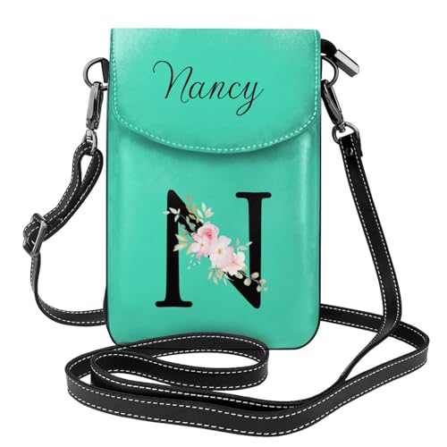 Custom Name Small Crossbody Cell Phone Bag for Women Personalized PU Leather Mini Shoulder Bag Wallet Cellphone Purse with Credit Card Slots and Adjustable Strap (N)