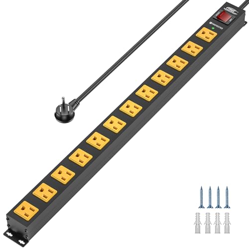 CRST Regleta de alimentación de 12 salidas, protección contra sobretensiones de 2100J, enchufe plano, barra de energía montable de metal con interruptor térmico de 15A, cable de extensión 14AWG de 6 pies para taller y garaje