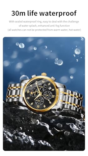 Image of OLEVS Chronograph Watches for Men Original Analog Quartz Black Stainless Steel Chain Luxury Dual Time Zone Moon Phase Date Waterproof Men's Wrist Watch