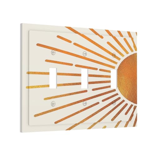 Decorative Light Switch Plate Covers Mid Century Gold Sun Boho Sunrise 3 Gang Light Switch Cover Plate Triple Toggle Wall Plate Switch Plate Cover for Bedroom Home Decor